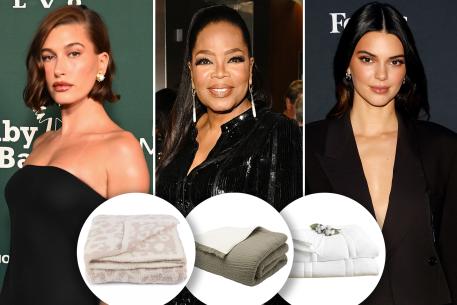 Hailey Bieber, Oprah and Kendall Jenner with insets of three throw blankets
