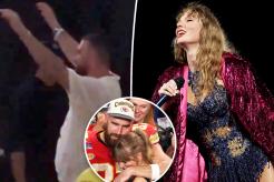 A split photo of Travis Kelce dancing and Taylor Swift singing and a small photo of Taylor Swift hugging Travis Kelce
